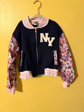 No Comment Girls Navy & Pink Floral Varsity Bomber Jacket NY Chenille Patch